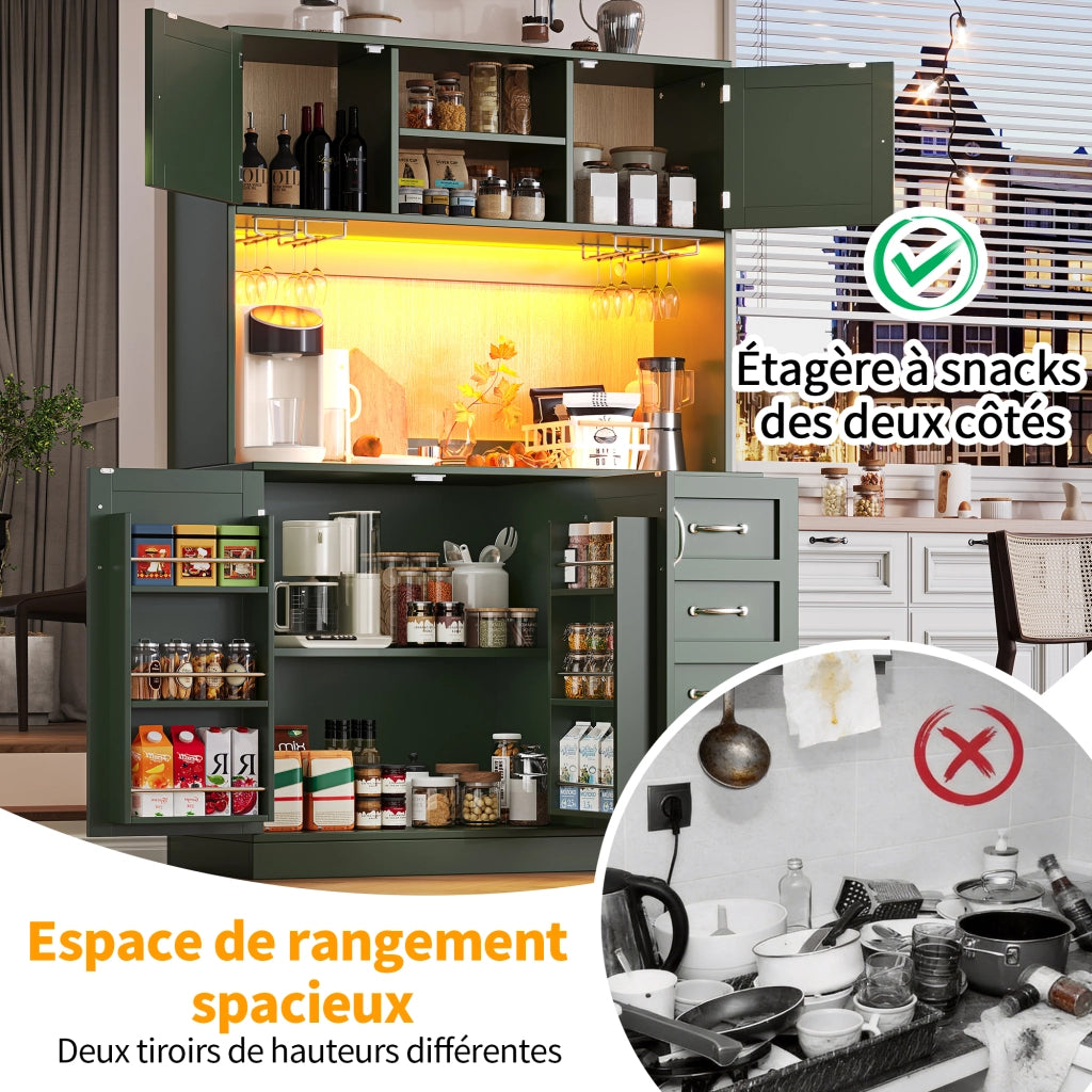 OKWISH Credenza da Cucina con 4 Ante, Cassetti, Supporti per Bevande e LED, per Cucina, MDF, Verde, 120 x 40 x 188 cm