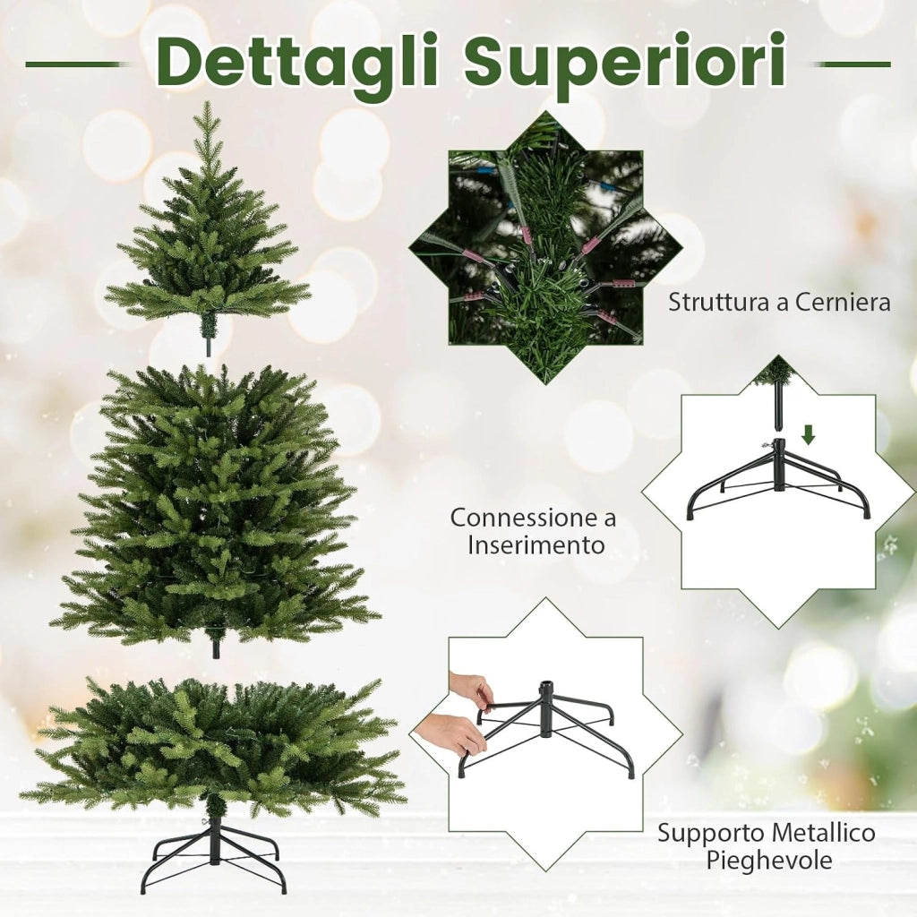 Albero di Natale 150/180/210 cm, Albero di Natale Pre-illuminato on Cerniera con 250/350 /470 Luci a LED Multicolori e Bianco Caldo, 11 Modalità di Illuminazione, 844/1168/1646 Rami (180 CM)
