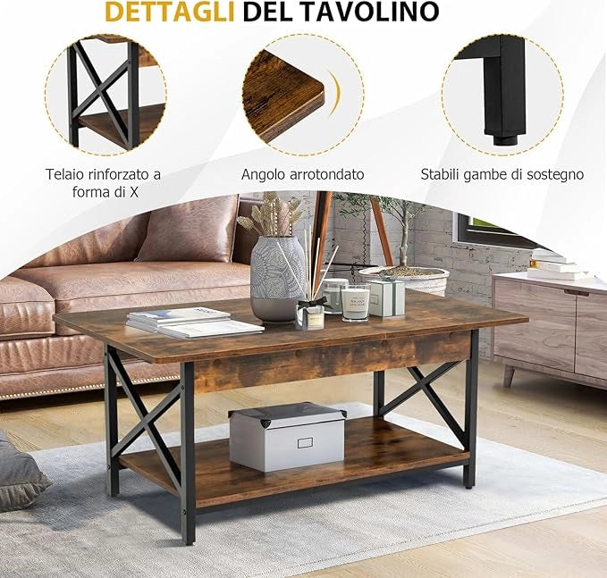 Tavolino da Salotto 2 Livelli, Tavolino da caffè Industriale con Struttura in Metallo a Forma di X, Tavolino Rettangolare per Soggiorno, Studio e Ufficio, 60 x 110 x 48 cm (Marrone)