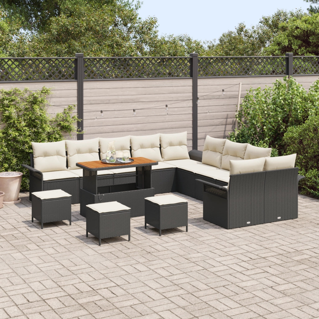 Set di 14 pezzi di divano da giardino con cuscini neri Polyrattan Acacia