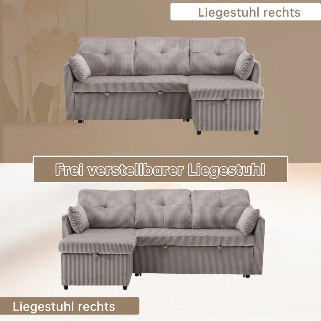 SOFA LETTO Modulare con contenitore, chaise longue intercambiabile, 206x108x66 cm, Corduroy grigio chiaro