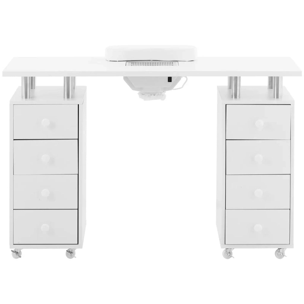 Tavolo manicure 119 x 45 x 77 cm 8 cassetti 8 ruote aspirapolvere MDF bianco 14_0009979