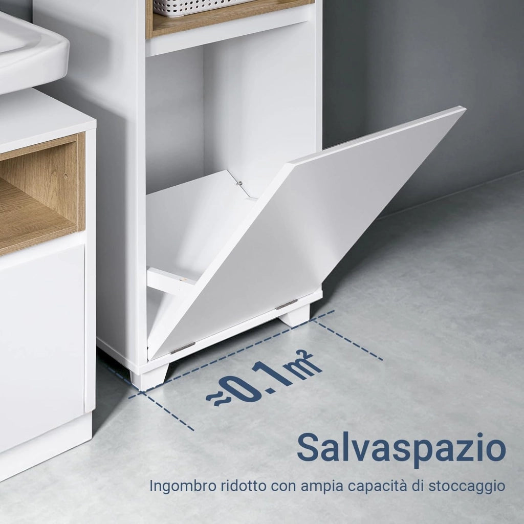Mobile Bagno Salvaspazio con Cesto Portabiancheria – Mobiletto Cassettiera Bagno, Mobile Lavanderia Bianco, 35 x 30 x 105 cm, BZR146-W