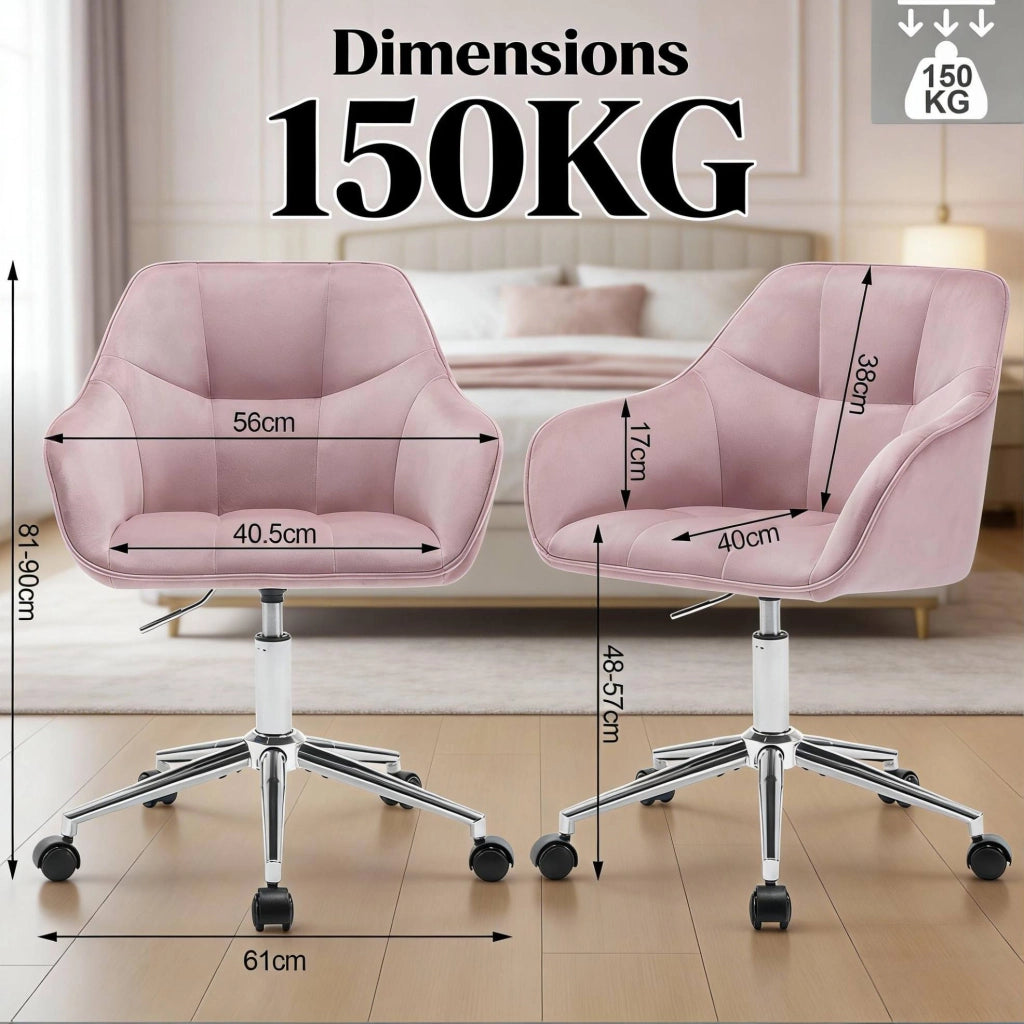 Sedia da ufficio ergonomica rosa in velluto con ruote