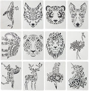 Schede di stampo con motivi animali - 12 pezzi - Lavabili/stampi - Schede di stampo riutilizzabili - Per pittura/scrapbooking - Materiale PET - Dimensioni 21x29 cm - Schede per pittura