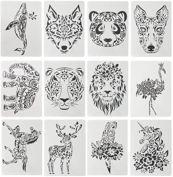 Schede di stampo con motivi animali - 12 pezzi - Lavabili/stampi - Schede di stampo riutilizzabili - Per pittura/scrapbooking - Materiale PET - Dimensioni 21x29 cm - Schede per pittura