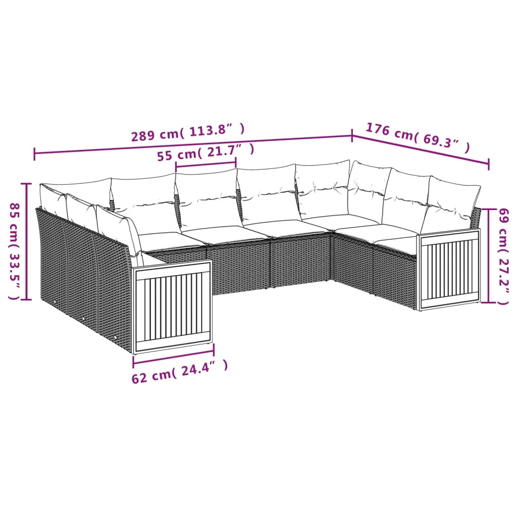 Set Divani da Giardino 9 pz con Cuscini Nero in Polyrattan 3260355