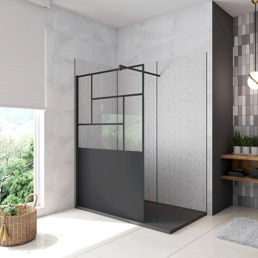 Doccia Walk In Parete Fissa Vetro Temperato 8 mm Anticalcare 100x200cm Semitrasparente Riquadri Nero Serigrafato Barra Stabilizzatrice da 140 cm