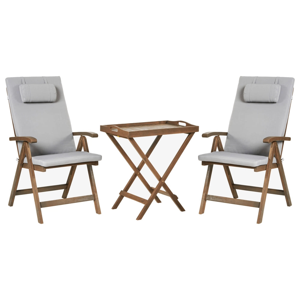 Set da giardino in acacia massiccia naturale con cuscini grigio chiaro in stile rustico