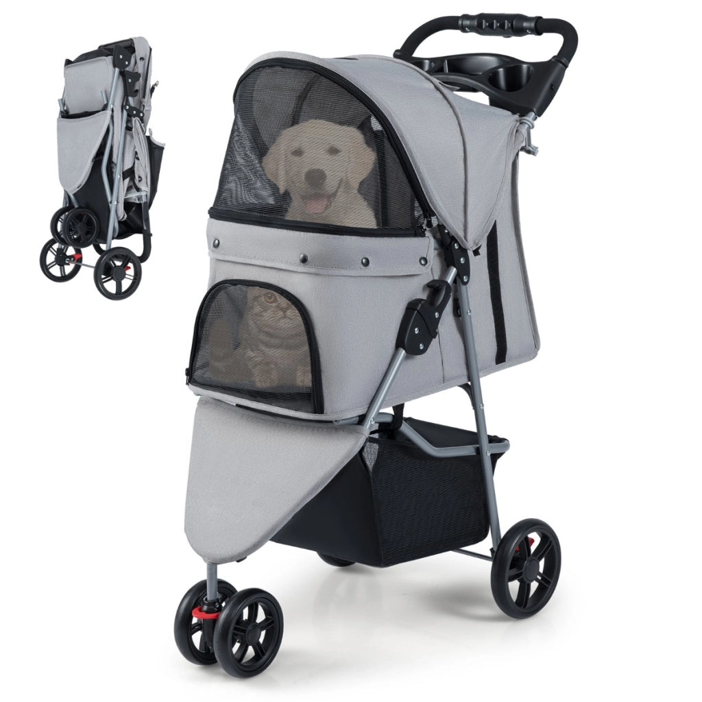 Passeggino per animali leggero con gatti e tetto regolabile pieghevole-Passeggino pieghevole per animali con portaoggetti Grigio