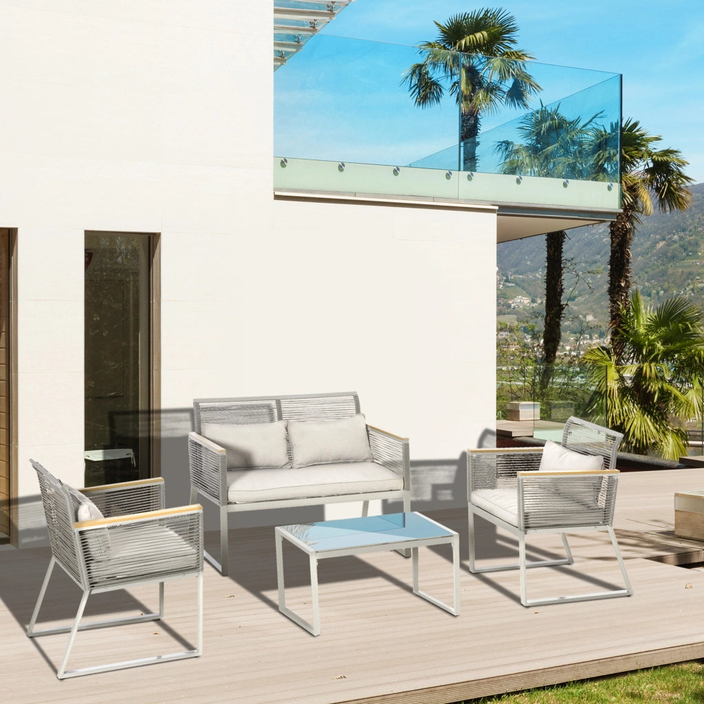 EasyComfort Set da Giardino 4 Pezzi in Rattan PE con 2 Poltrone, Divanetto e Tavolino da Caffè in Vetro Temperato Grigio