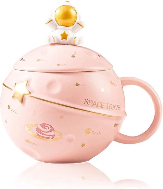 Bicchierino Astronauta con Rilievo Spaziale Bicchiere Ceramico per Caffè, Tè e Latte con Coperchio e Cucchiaio, Regalo Divertente per Compleanno (Rosso)