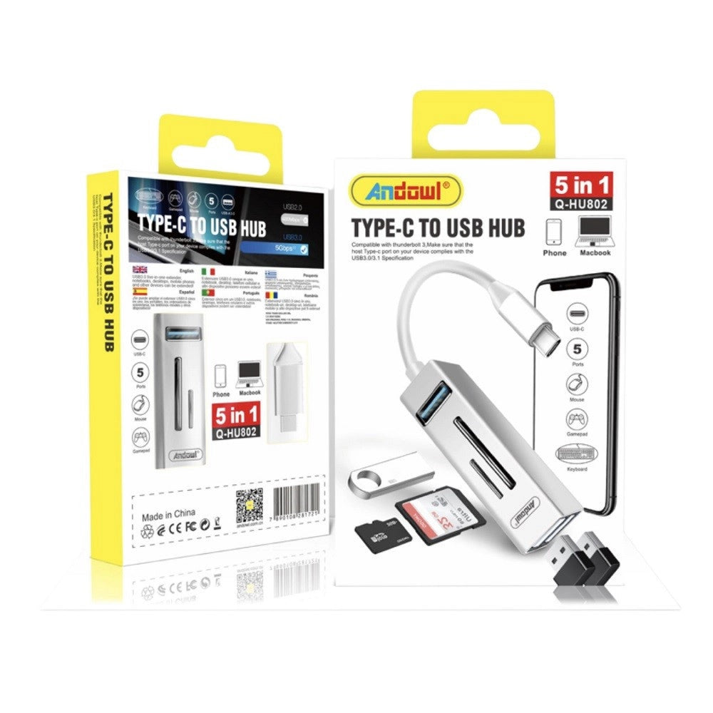 Trade Shop - Hub Usb Q-hu802 5 In 1 Adattatore Da Tipo C A Usb 3.0 Con Connessione Di Tipo C -