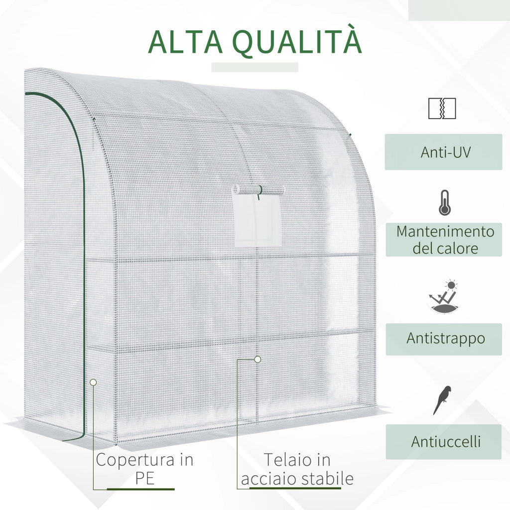 Serra Addossata a 3 Livelli con Porte e Finestre Avvolgibili, in PE e Acciaio, 200x100x215 cm, Verde e Bianco