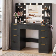 Mobile da Trucco Moderno con Illuminazione e Presa - Grande Comodino con Specchio, 9 Cassetti e Porta Phon, Tavolo Vanity per il Make-up (Nero)