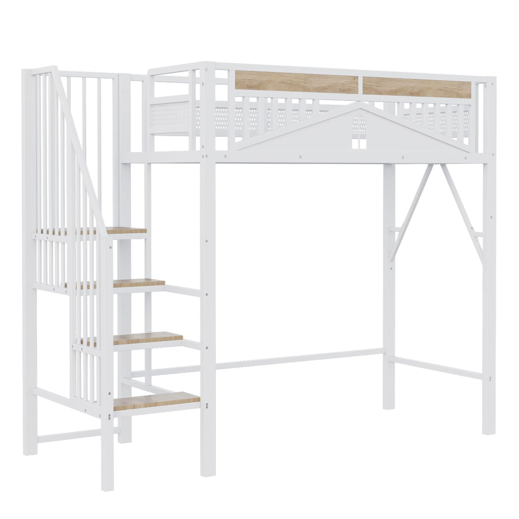 Letto a Soppalco Singolo con Scala di Sicurezza; Contenitore e Sponda Finestra; 90 x 200 cm; senza Materasso
