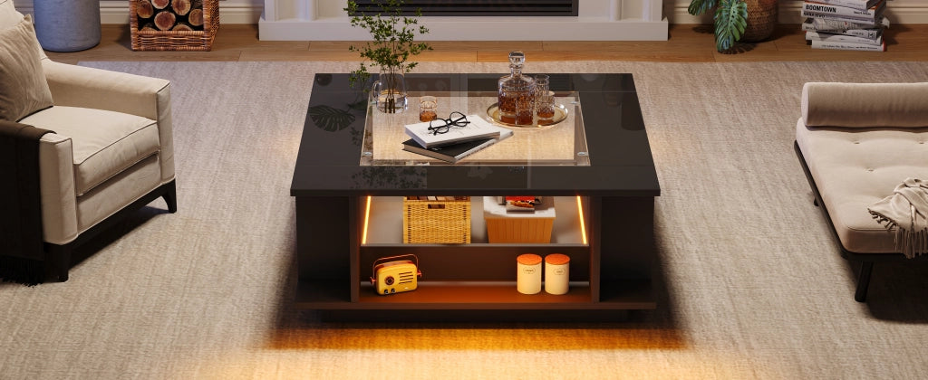 Tavolino basso con LED, piano in vetro e vani aperti, per soggiorno, in truciolare nero, 70 × 70 × 30 cm