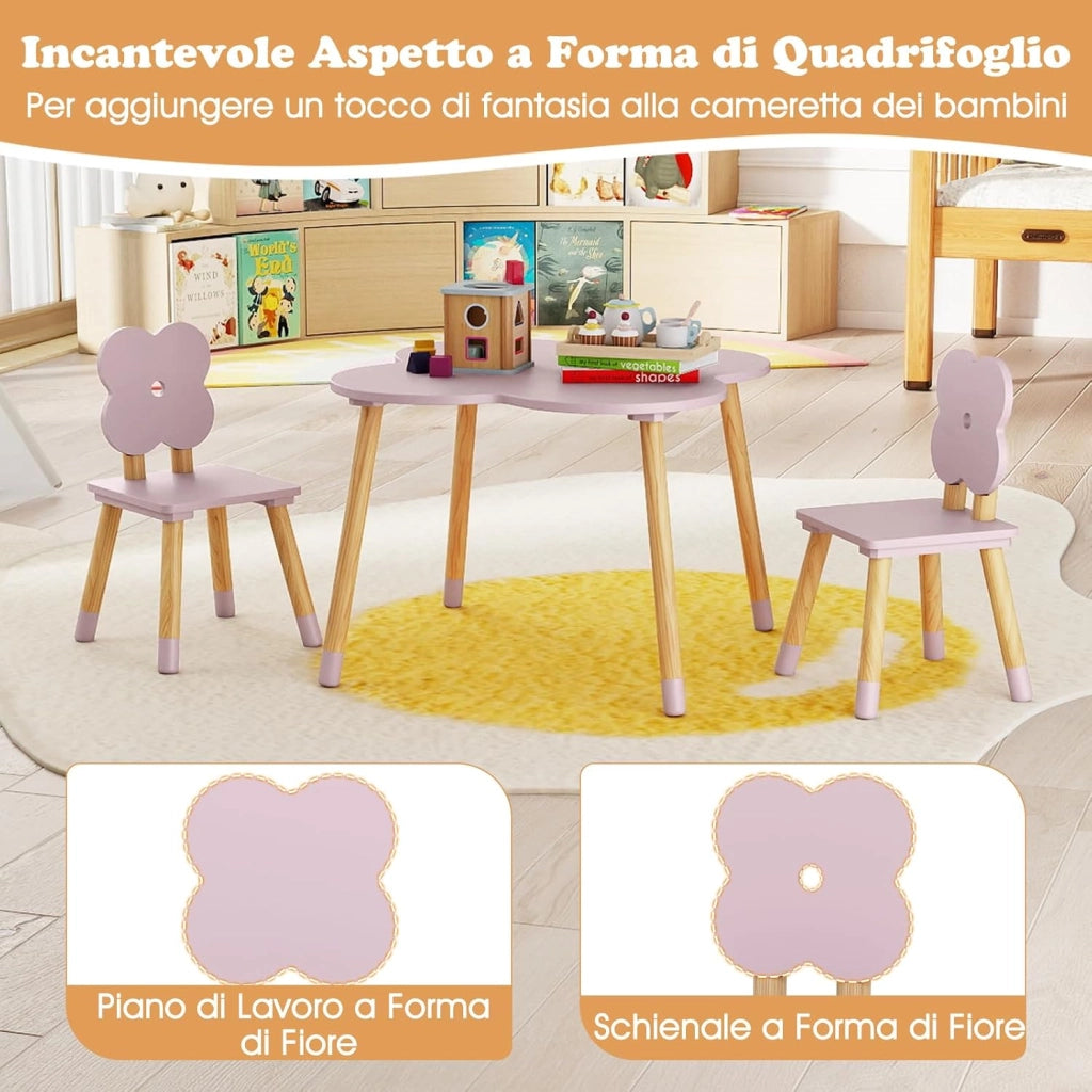 Set Tavolo per Bambini a Forma di Fiore, Tavolino e Sedia in Legno con 2 Sedie e Gambe in Legno di Pino Solido, Tavolino Bambini 3+ Anni per Disegno, Arte e Studio (Rosa)