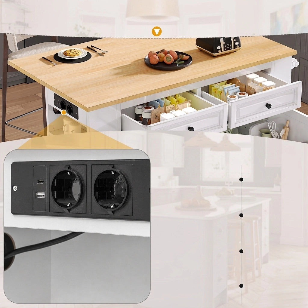 Isola Cucina Mobile con Piano Estensibile 120 cm; Porta Rifiuti; Prese USB; Ripiano Regolabile e Ruote