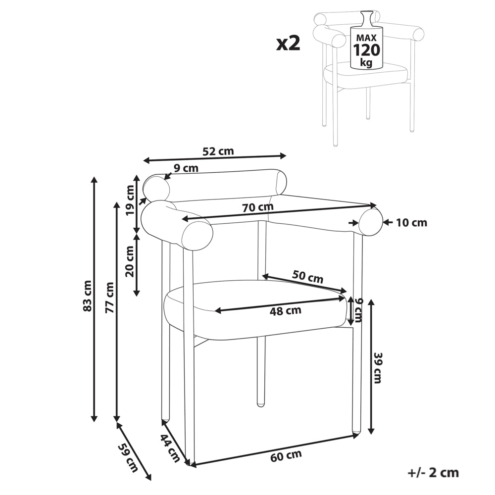 Set di 2 sedie da pranzo Nero Rivestimento in poliestere  Gambe nere in ferro Schienale arrotondato Mobili da sala da pranzo in stile moderno