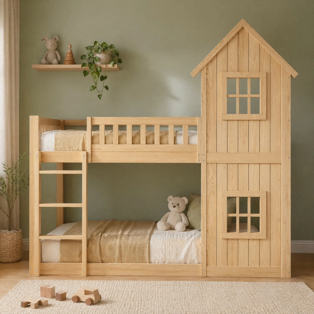 Letto a castello per bambini a casetta 90x200 cm naturale