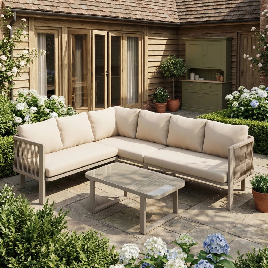 Set Mobili da Giardino 6 Posti con Tavolo, Divano e Sedie ¨C MINIMAL ¨C Acciaio, Vetro, Textilene, Beige