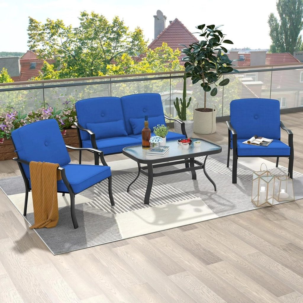 Set di mobili da giardino 4 pezzi, Set bistro da patio con cuscini e tavolino in vetro temperato