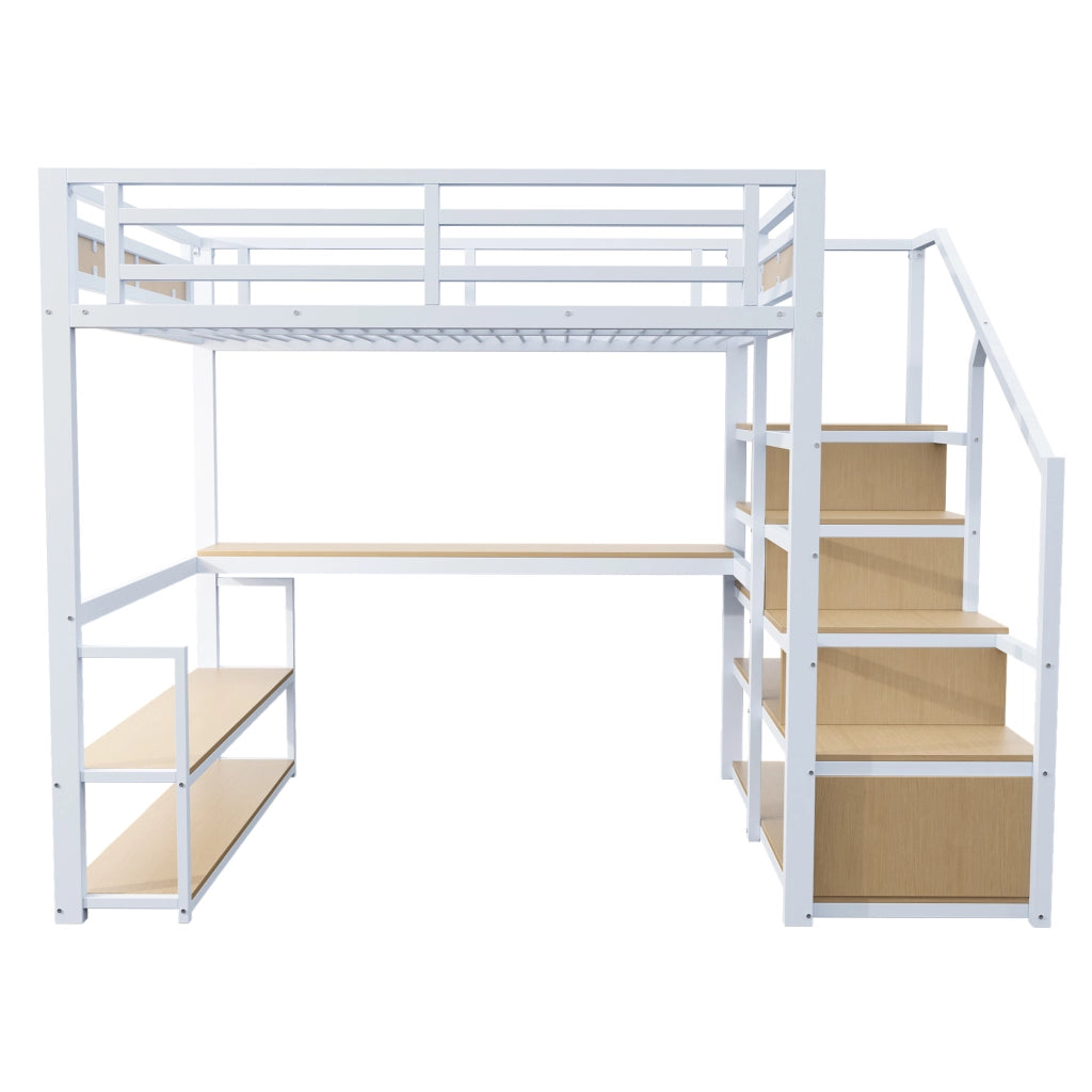 Letto a castello in metallo bianco con funzione contenitore e scrivania 140x200 cm