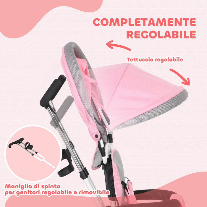 Triciclo Passeggino per Bambini con Maniglione 95x50x106 cm con Cintura di Sicurezza Rosa