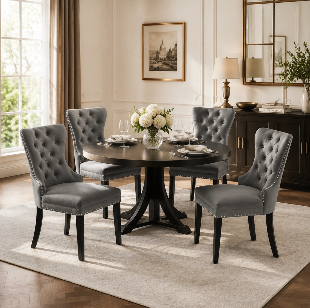 Set di 4 sedie da pranzo imbottite con schienale curvo; in velluto grigio