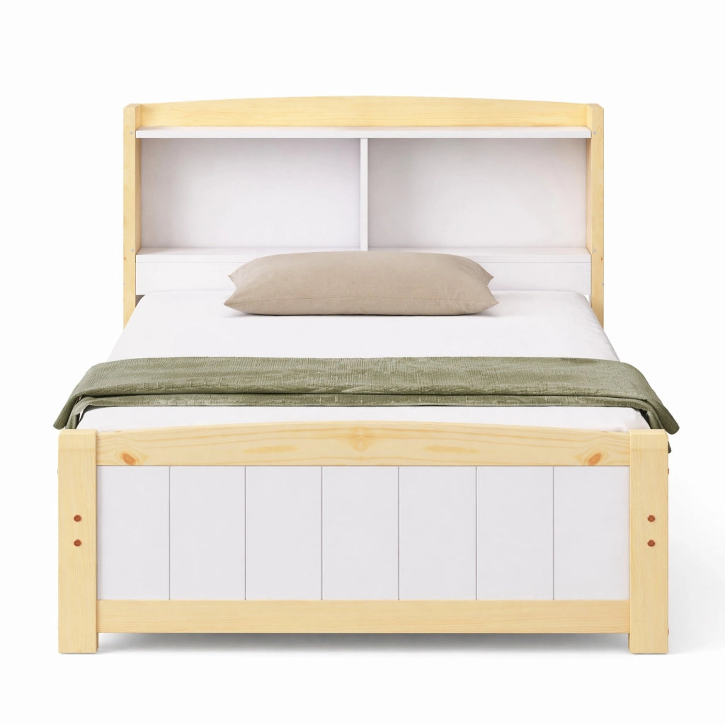 Letto singolo 90x200 cm in legno massello con testiera contenitore, bianco
