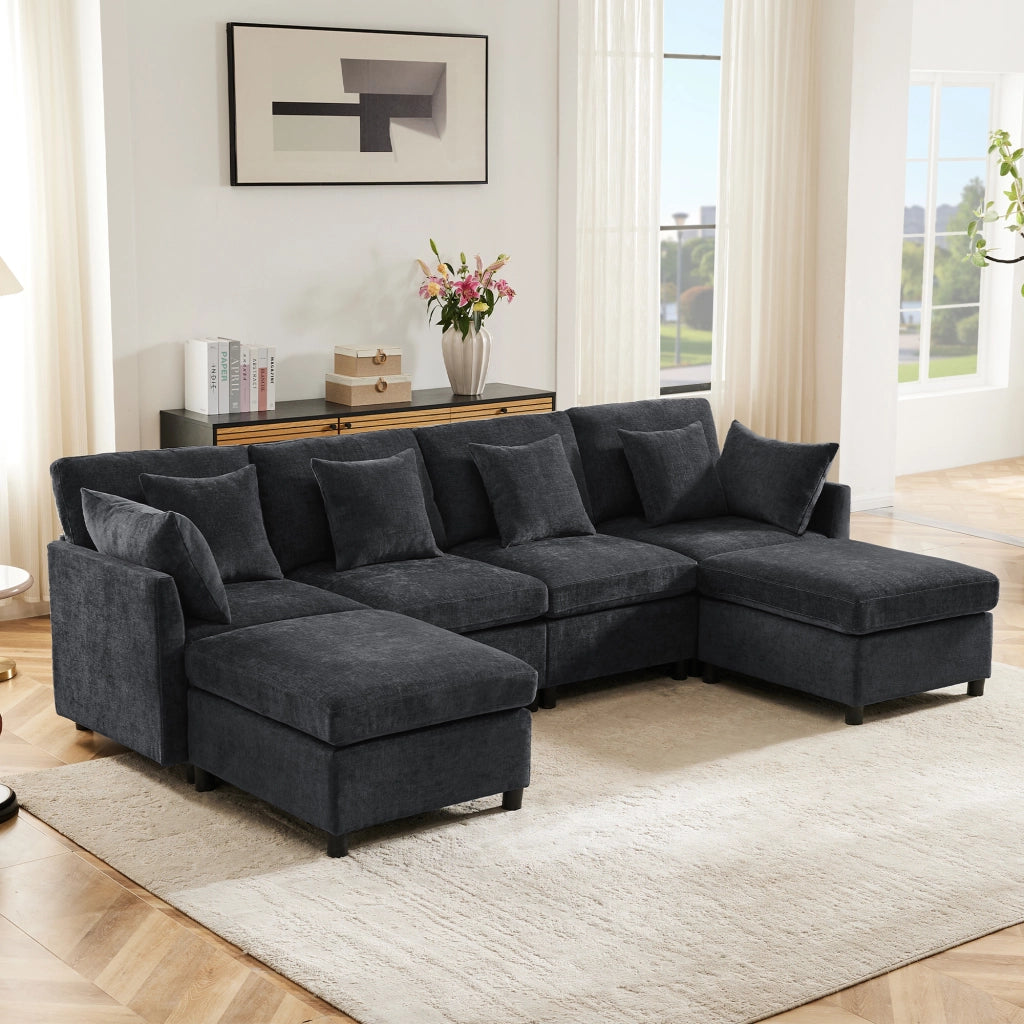 DIVANO MODULARE convertibile in U o L 278x161x81 cm Chenille grigio con 2 pouf e 6 cuscini