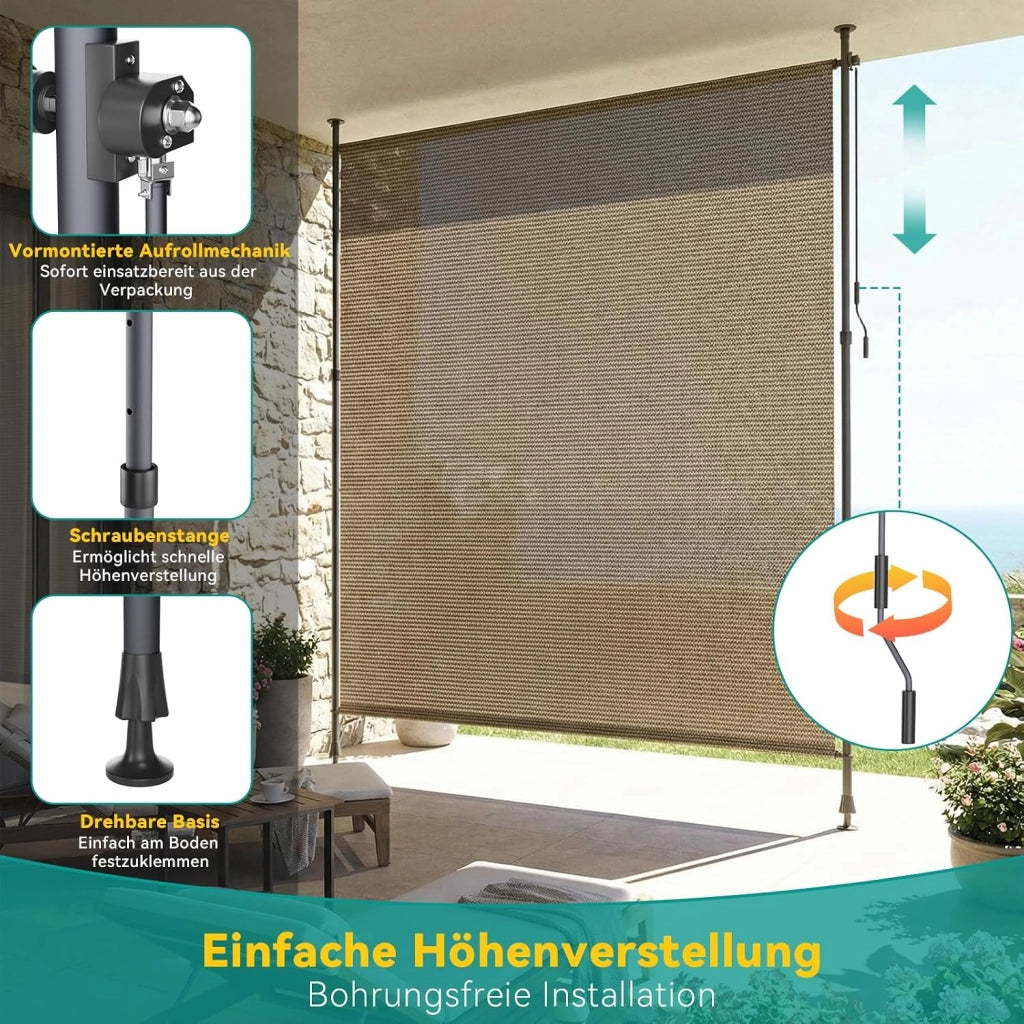 Tenda Verticale HDPE 200×310 cm Marrone, Tenda a Pinza Estensibile, Senza Forare, Privacy, Protezione Solare UV, Antivento, Resistente Alle Intemperie - per Balcone, Giardino, Terrazza