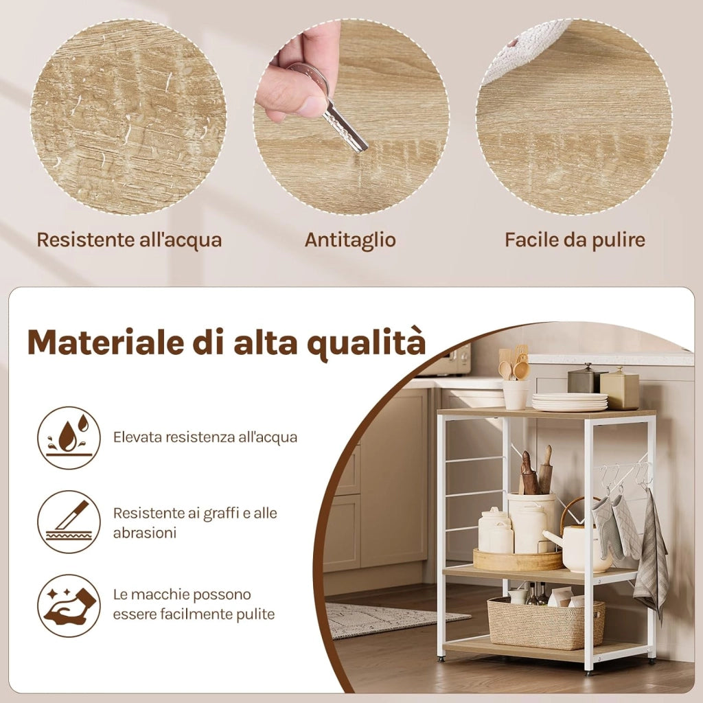 Scaffale per Cucina Carrello per Microonde Forno a 3 Ripiani in Metallo e Legno Scaffalature Fioriera Multiuso, Rovere Chiaro