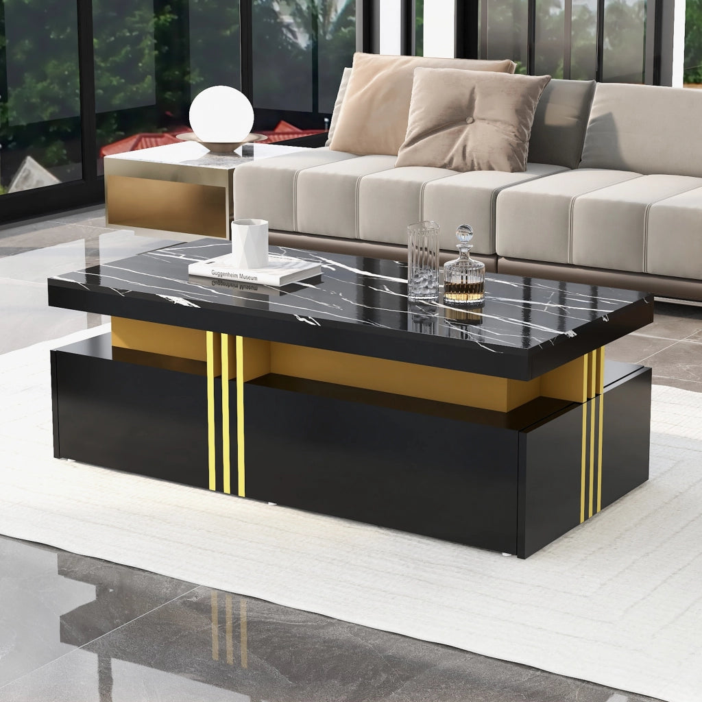 Tavolino da caff¨¨ rettangolare moderno nero con piano effetto marmo, 2 cassetti e struttura in truciolare, 100 x 50 x 40 cm