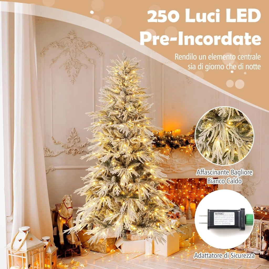 Albero di Natale Artificiale Innevato 180 cm, Albero di Natale Pre-illuminata con 250 Luci LED Bianco Caldo, 594 Punte di Ramo e Supporto in Metallo