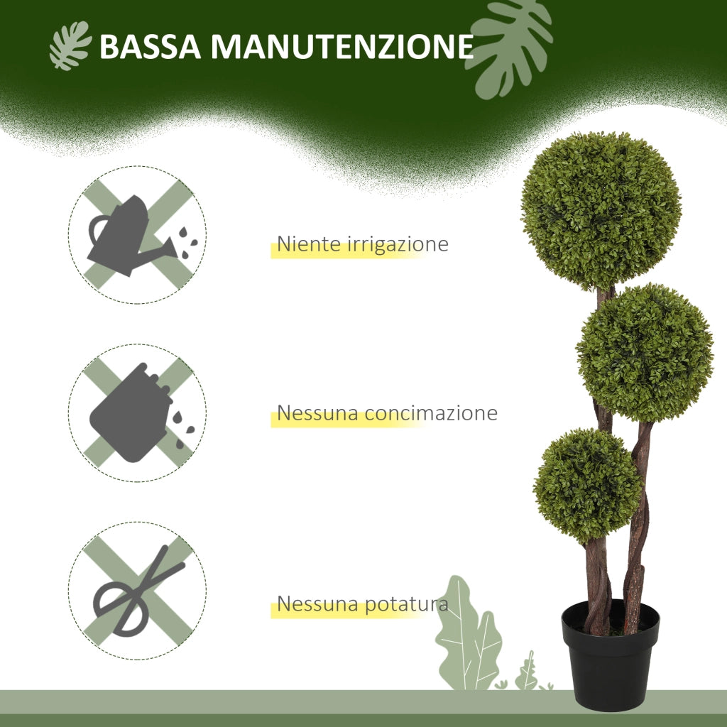 Pianta di Bosso Artificiale a 3 Sfere con Vaso Incluso e Fondo Rinforzato, Altezza 115 cm