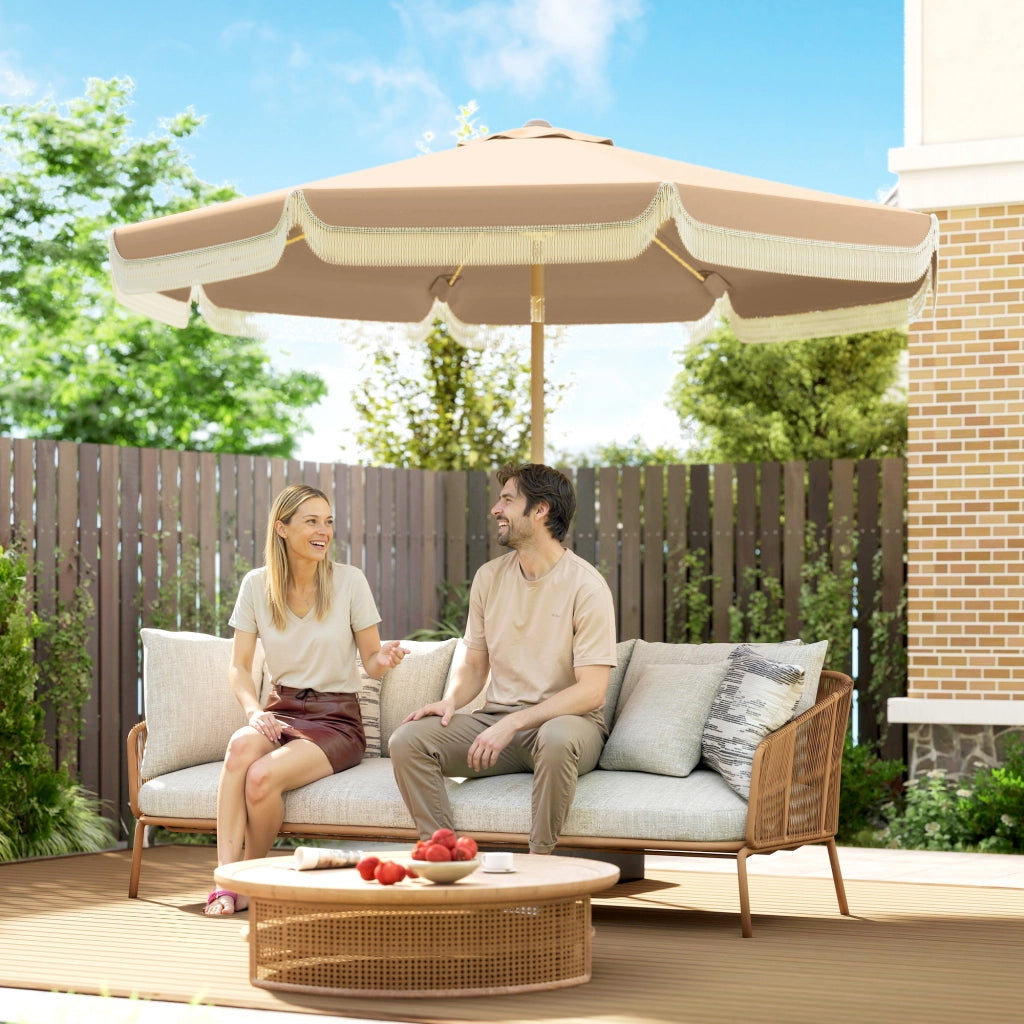 Ombrellone da Giardino con Tenda a Frange e Manovella ¨C zephmum ¨C Beige ?266x238 cm