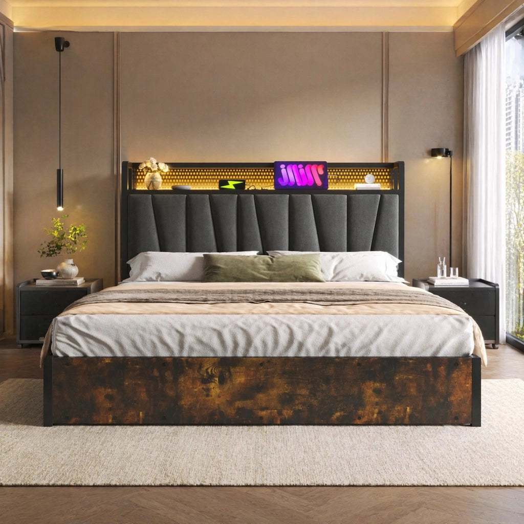 Letto matrimoniale 180x200 cm con LED RGBW, prese USB e vano contenitore, grigio