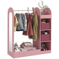 Appendiabiti per Bambini con Ripiani, Scatole e Specchio in Legno, Rosa