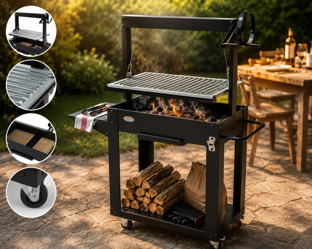 Barbecue a Legna e Carbone 80x46,5x21 cm BBQ Argentino in Acciaio Santa Maria Nero