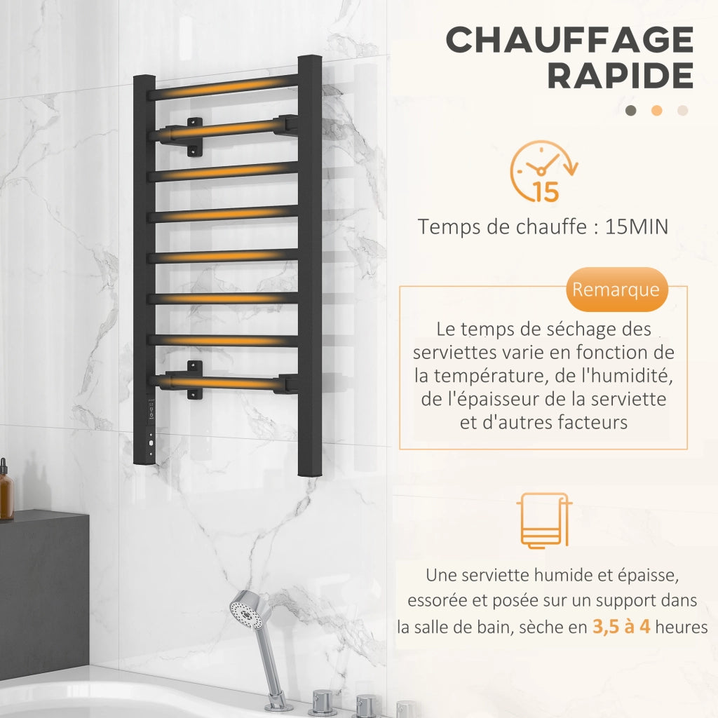 Scaldasalviette Elettrico a Parete o Terra ¨C Xylo ¨C 8 Barre, Timer, Alluminio, 53x35x90cm, Nero