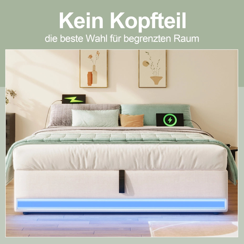 DESMIU Letto contenitore 140 × 200 cm 2 posti con USB, Type-C, LED e tasche, senza materasso, in lino beige