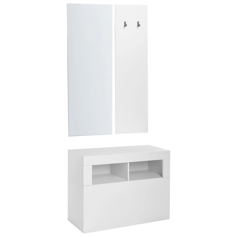 Set da ingresso: mobile da ingresso in truciolato bianco con scarpiera, specchio e ganci appendiabiti, stile moderno minimalista