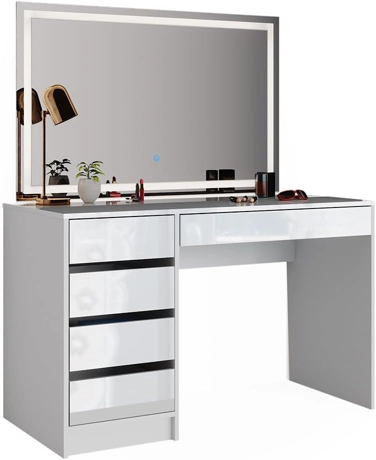 Tavolo da toeletta Sherry, Bianco, 120 cm con illuminazione a LED, con illuminazione LED e grande specchio rettangolare
