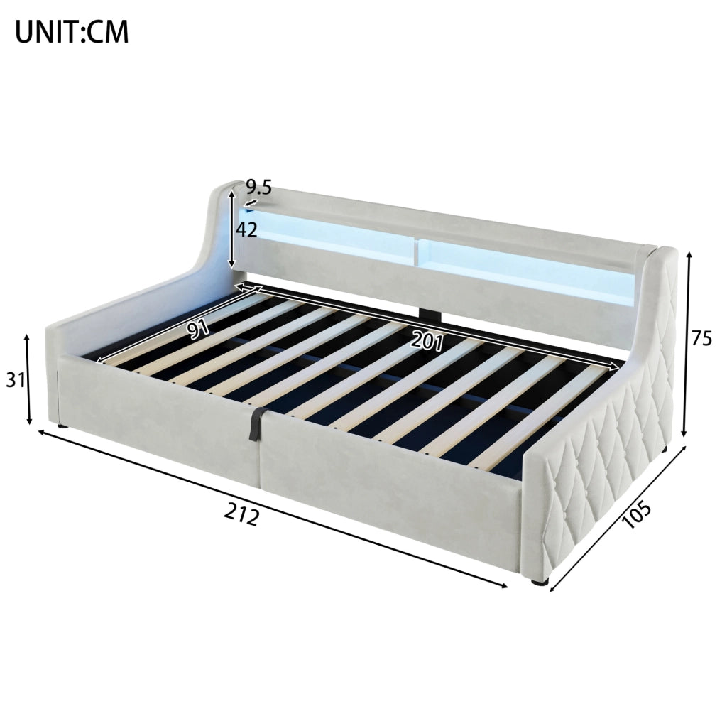 Letto imbottito 90x200 cm con contenitore idraulico e LED in flanella bianco sporco
