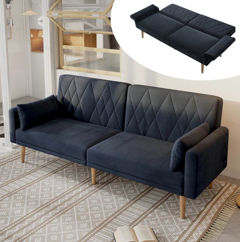 Divano letto a 2 posti in velluto nero; schienale e braccioli regolabili; 180x75x82 cm