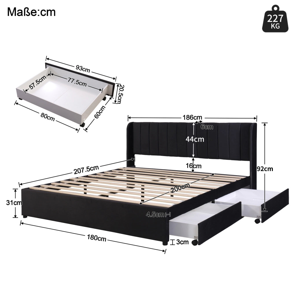 Letto matrimoniale 180x200 cm in velluto nero con testiera alta; 2 cassetti e rete a doghe