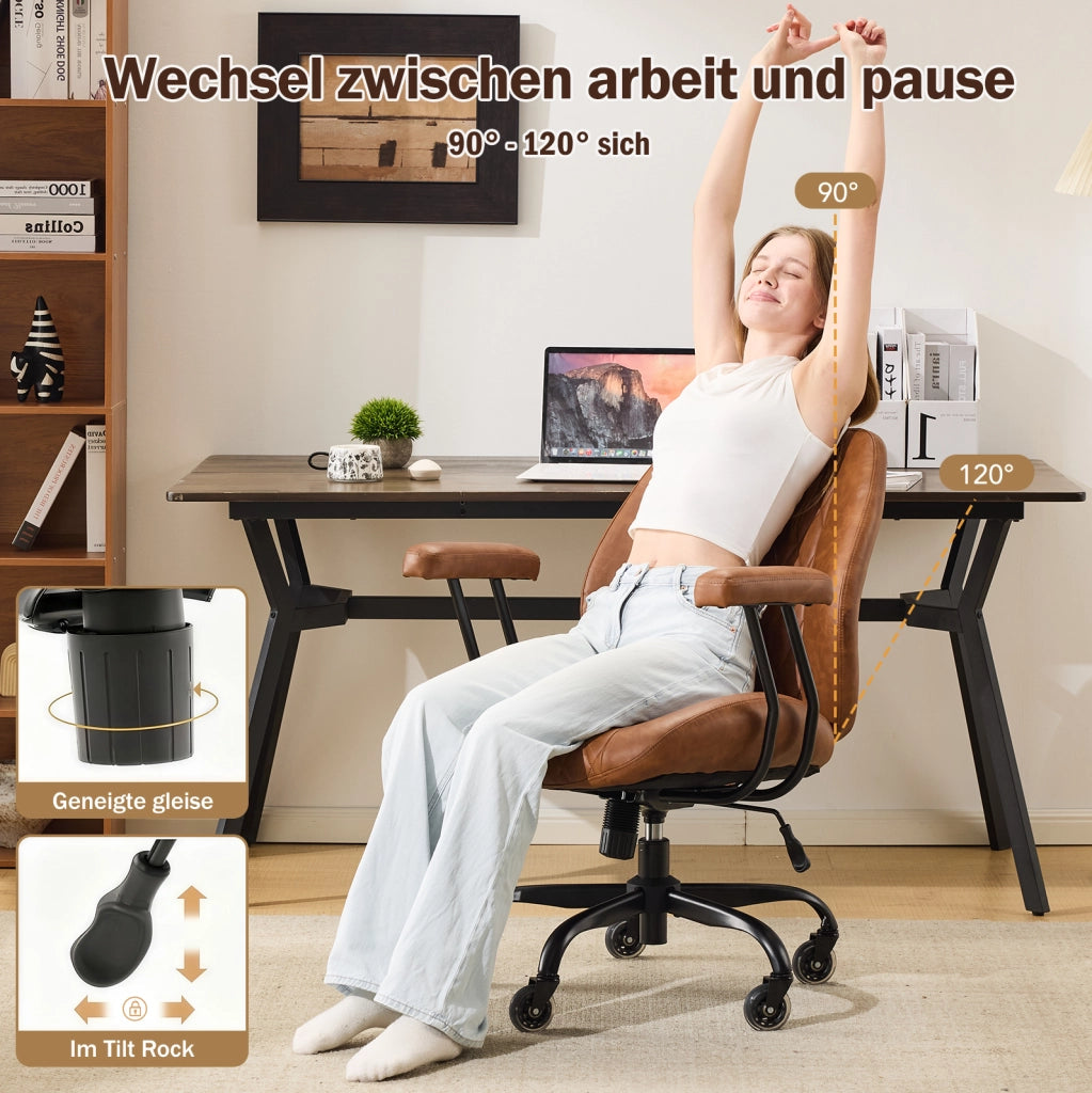 Sedia da ufficio ergonomica girevole in pelle marrone con ruote e braccioli opzionali