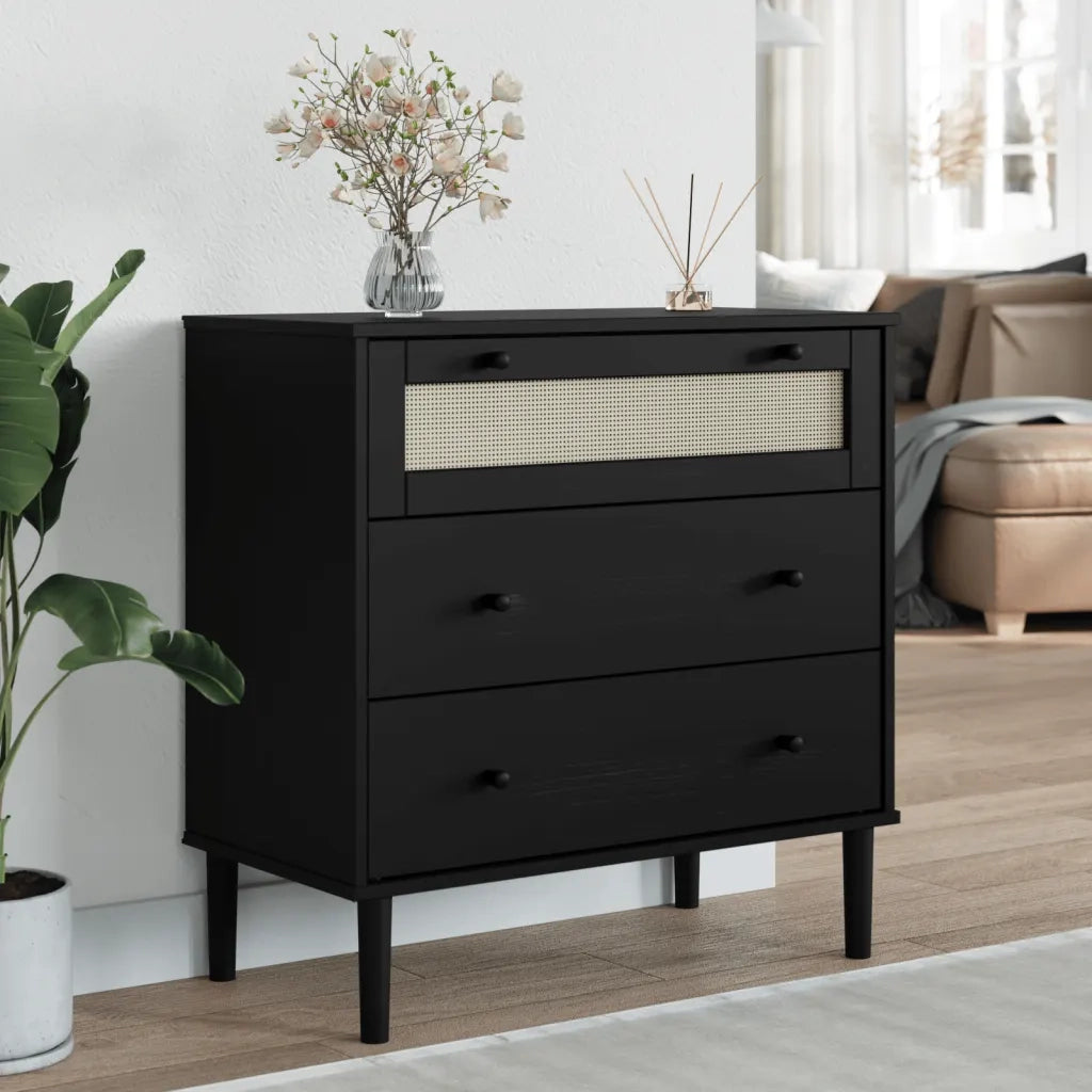 Cassettiera SENJA Aspetto Rattan Nera 80x40x80 cm in Legno Pino 358024